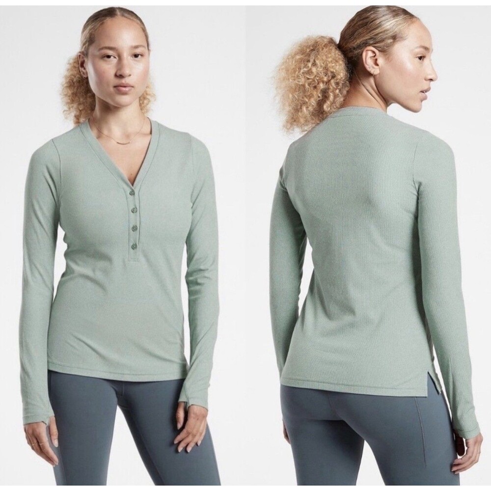 Athleta Women Uptempo Ribbed Henley Top M Green Soft Long Sleeve Shirt